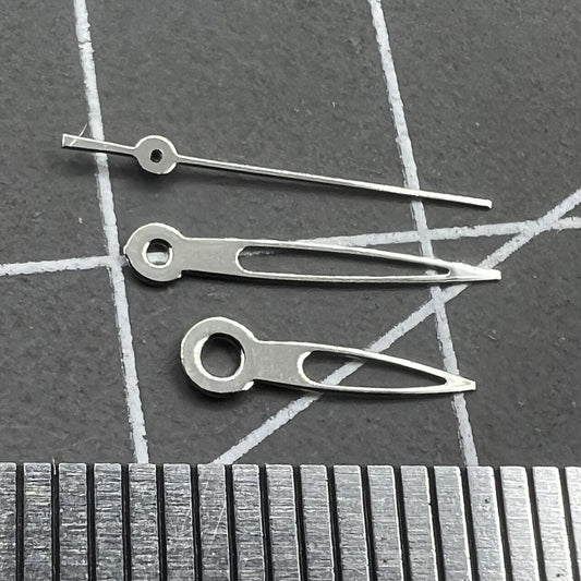 Hollow arrow-shaped watch hands for Miyota 2035 quartz movement, precise and stylish design by P1-H3-C25.
