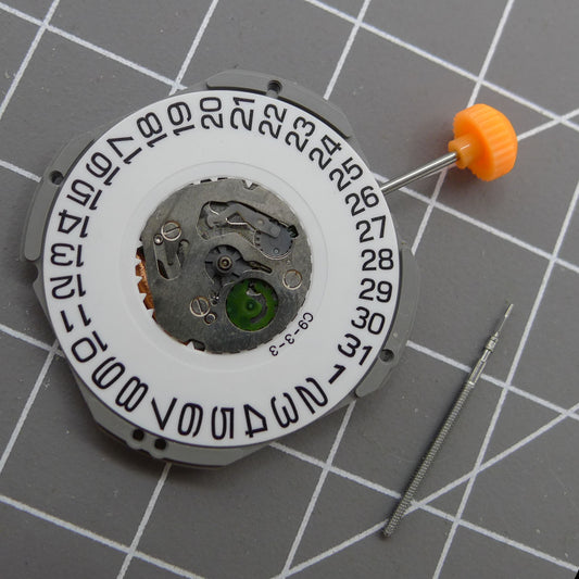 Miyota Quartz 1S12 movement with 3 hands, date at 3, and watch stem for precise timekeeping.