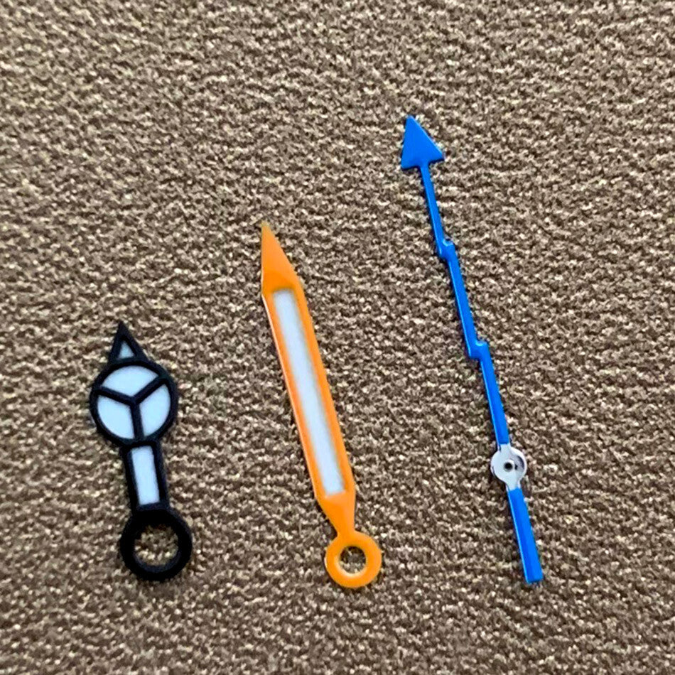 Blue luminous watch hands set for NH35 NH36 movement, featuring lightning-style second hand for precise timekeeping.