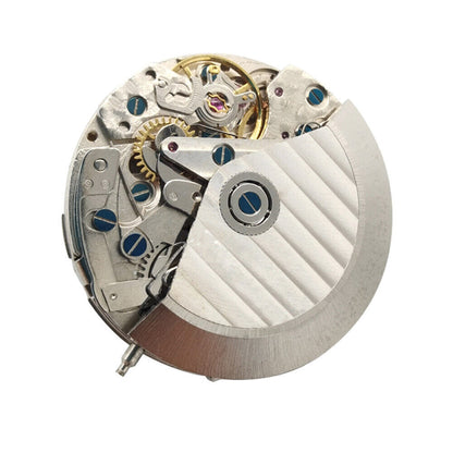 Close-up of Asian 7750 automatic chronograph watch movement with day-date display, precision ETA style mechanism.