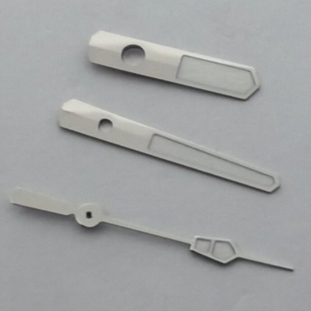 Green luminous watch hands with silver trim for NH35 NH36 7S26 7S36 4R35 movements.