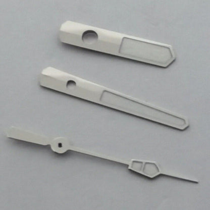 Green luminous watch hands with silver trim for NH35 NH36 7S26 7S36 4R35 movements.