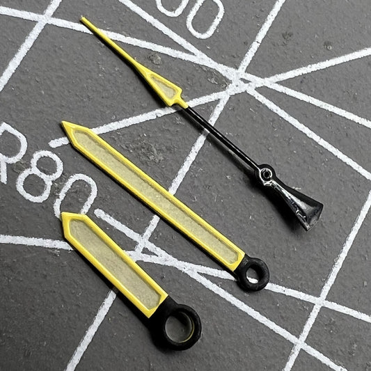 Yellow-trimmed green luminous watch hands for NH35/NH36 movement, ideal for precise watch repair.