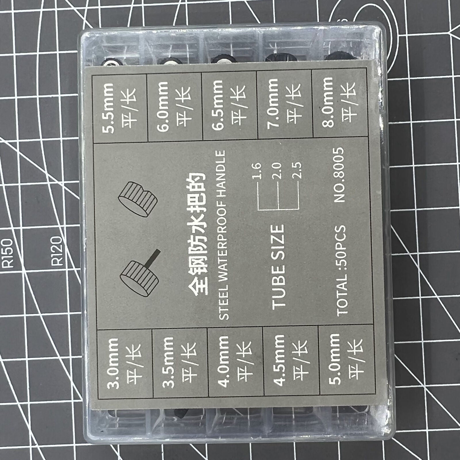 50 black waterproof stainless steel watch crowns, ideal for precise watch repairs.