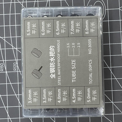 50 black waterproof stainless steel watch crowns, ideal for precise watch repairs.