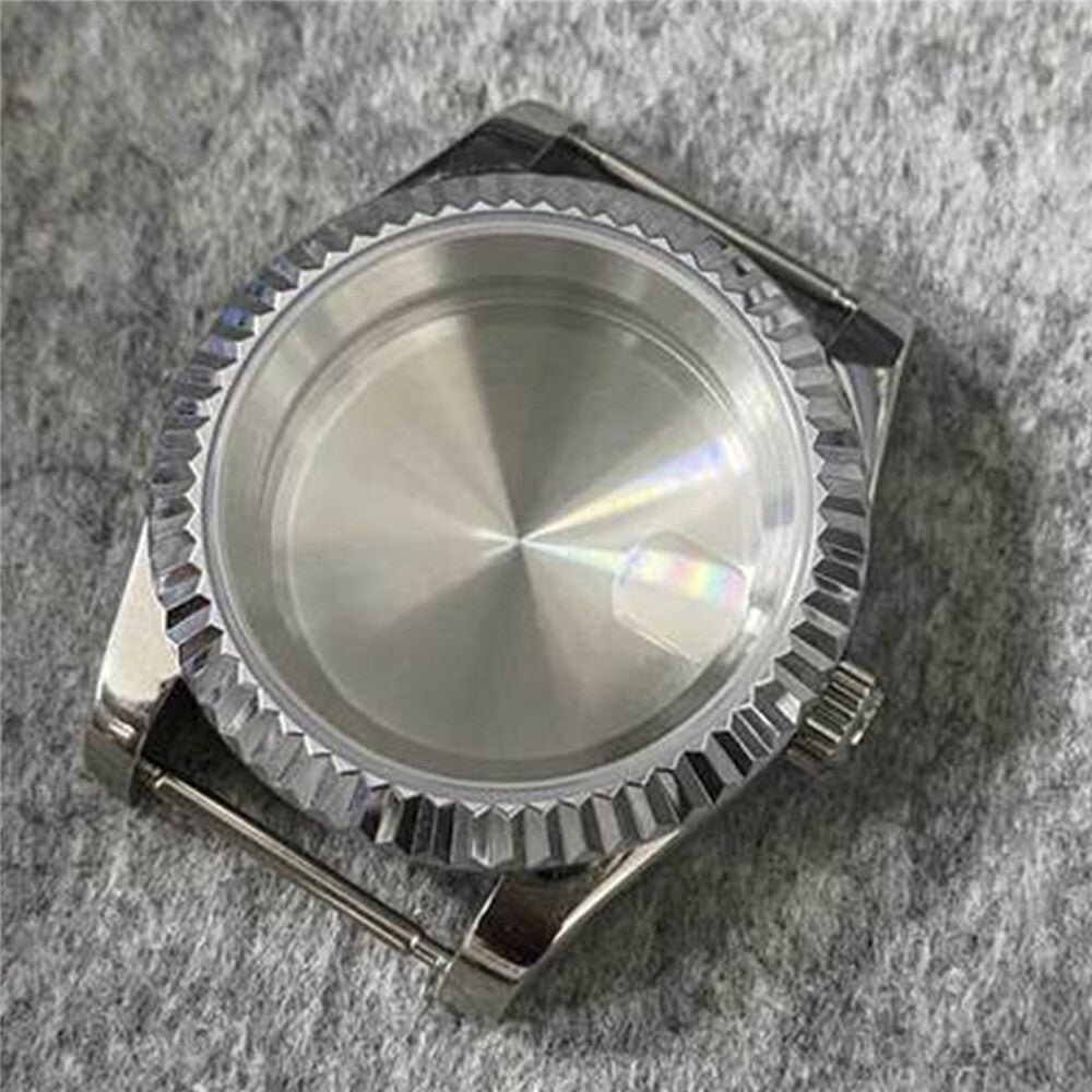 Stainless steel 39MM watch case kit with sapphire glass and solid bottom, compatible with NH35/NH36 movements.