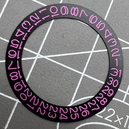 Pink date wheel overlay for NH35 NH36 watch movement on black background, enhancing style and readability.