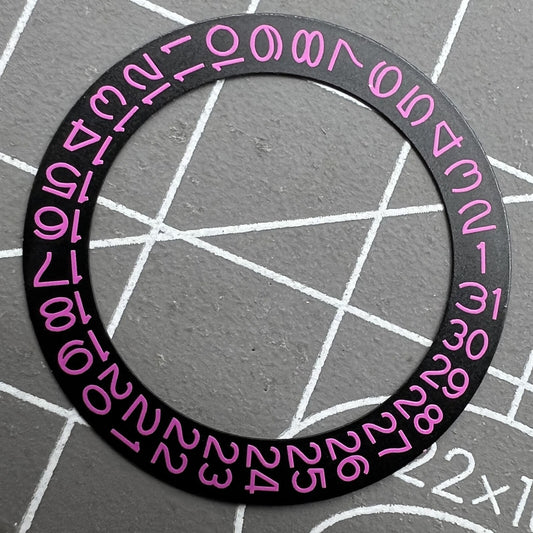 Pink date wheel overlay for NH35 NH36 watch movement on black background, enhancing style and readability.