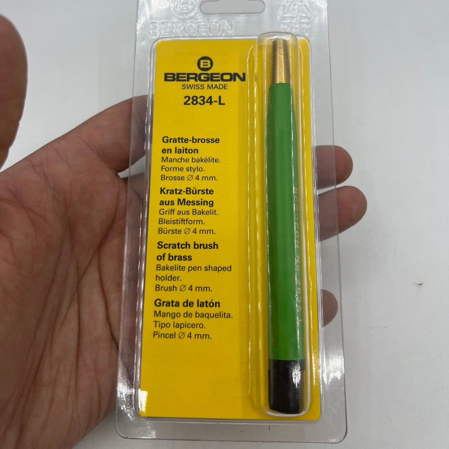 Bergeon 2834-L brass scratch brush for Swiss watch repair, 10mm fine-tip pen tool.
