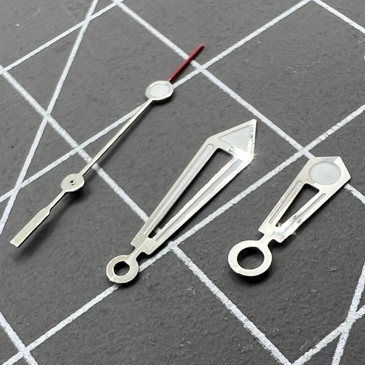 Green lume pointed hollow silver trim 13mm watch hands by Miyota for NH35, NH36, NH38 models.