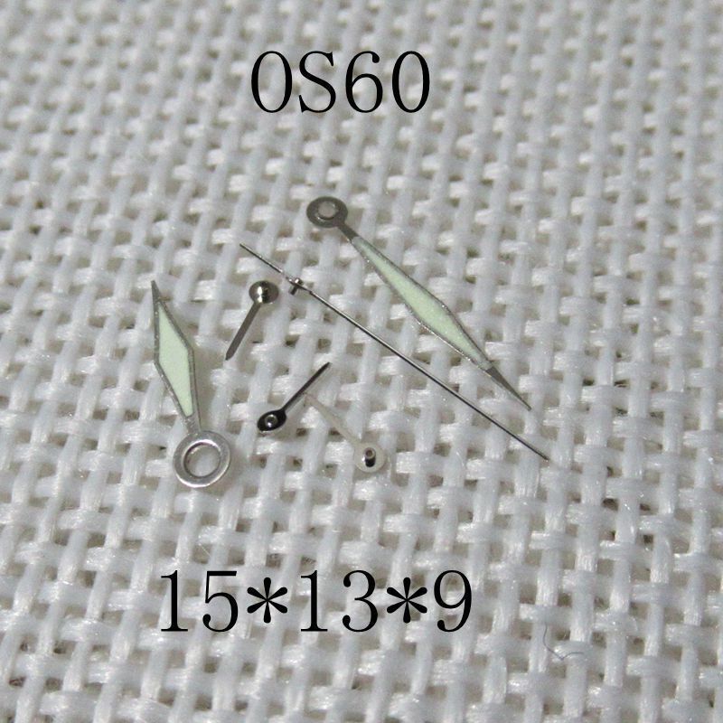 Diamond-shaped green luminescent watch hands designed for Miyota OS60 movement, featuring precise timekeeping.