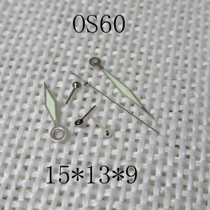 Diamond-shaped green luminescent watch hands designed for Miyota OS60 movement, featuring precise timekeeping.