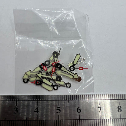 Arrow-shaped silver trim green lume watch hand for Miyota 2035 series, precise timekeeping accessory.