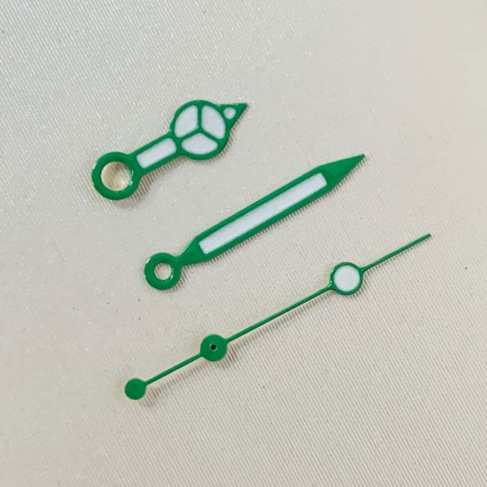 Green luminous watch hands set for NH35 NH36 movement, improving dial readability and stylish design.