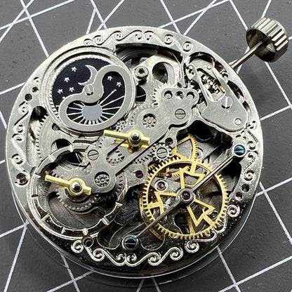 Double Mainspring hollow mechanical watch accessory featuring multi-function and dual time zone design.