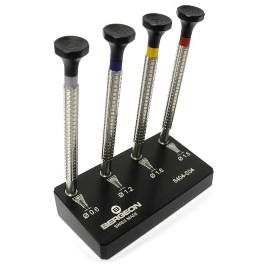 Swiss Bergeon 8404 watch hand fitting tools set of 4 on stand for precise watch repair accessories