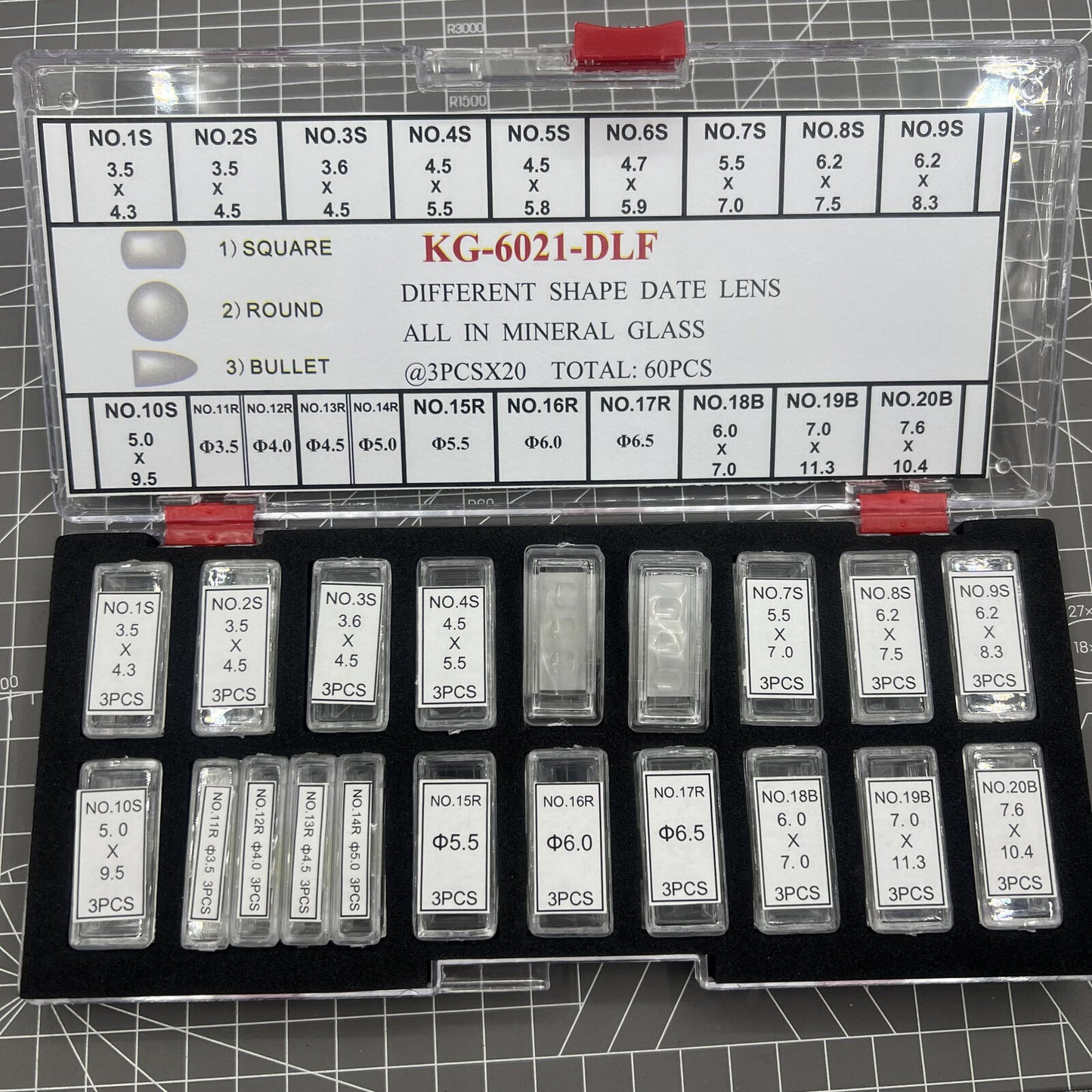 KG-6021-DLF mineral glass date lens set, 3 sizes, 60PCS/box, assorted shapes for watch accessories.