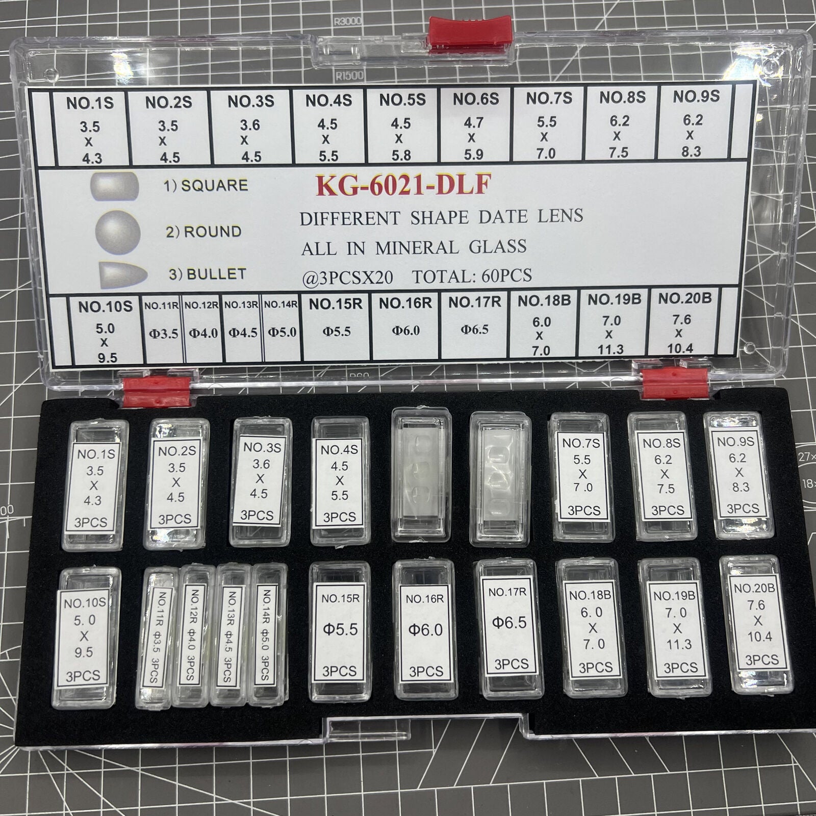 KG-6021-DLF mineral glass date lens set, 3 sizes, 60PCS/box, assorted shapes for watch accessories.