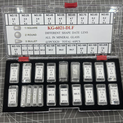 KG-6021-DLF mineral glass date lens set, 3 sizes, 60PCS/box, assorted shapes for watch accessories.