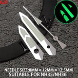 12.5mm Green Lume Silver Trim Arrow Shape Watch Hands for NH35/36 Movement