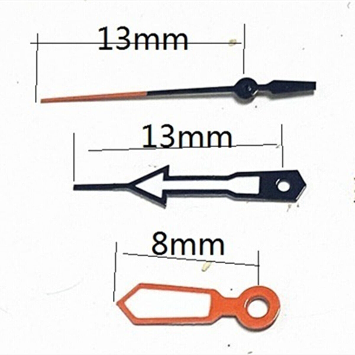 Orange and blue trimmed white painted watch hands compatible with Miyota 2315, 2035, 2036, 2115, 2305 movements.