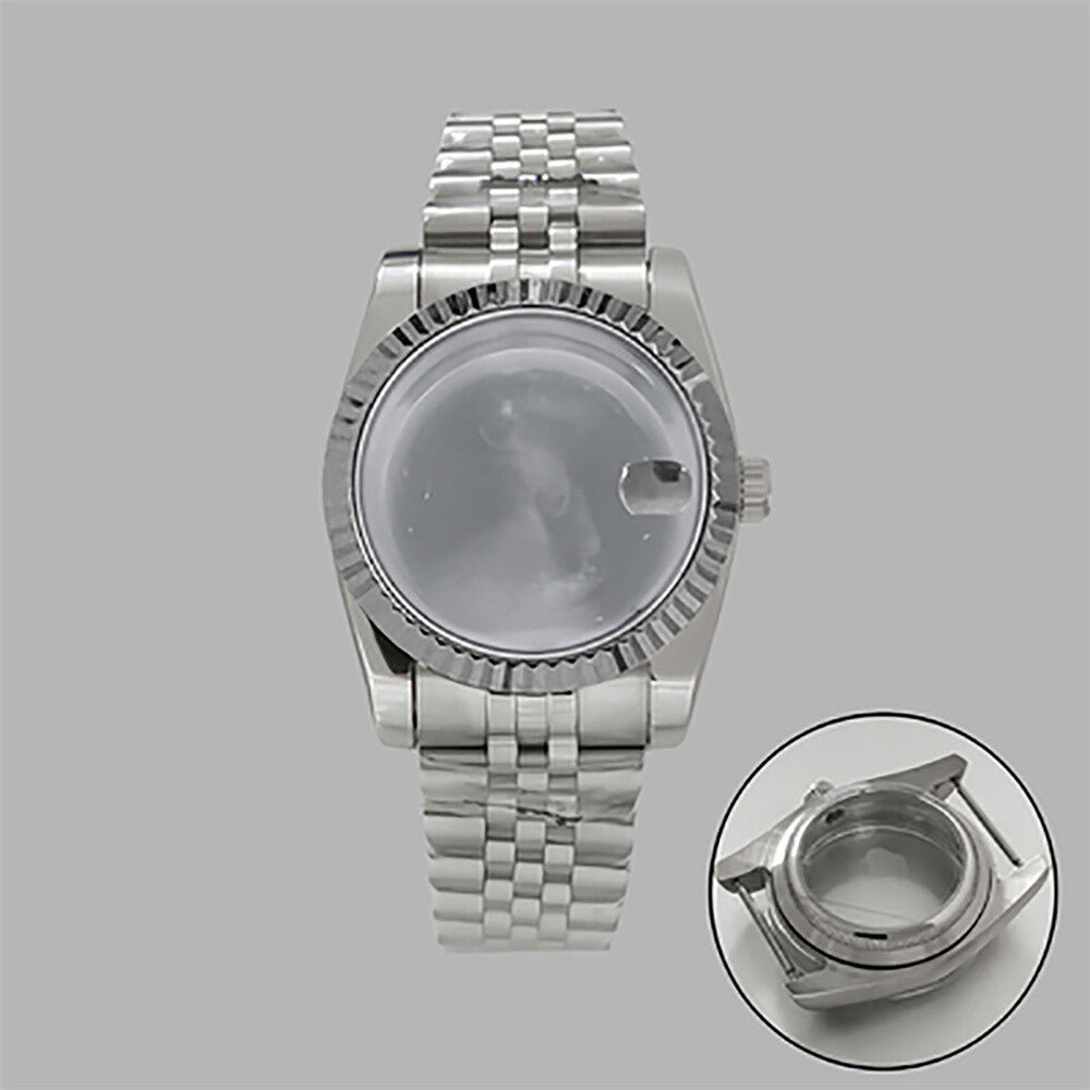 36mm stainless steel watch case and strap with clear calendar display, fits NH35/36 movements.