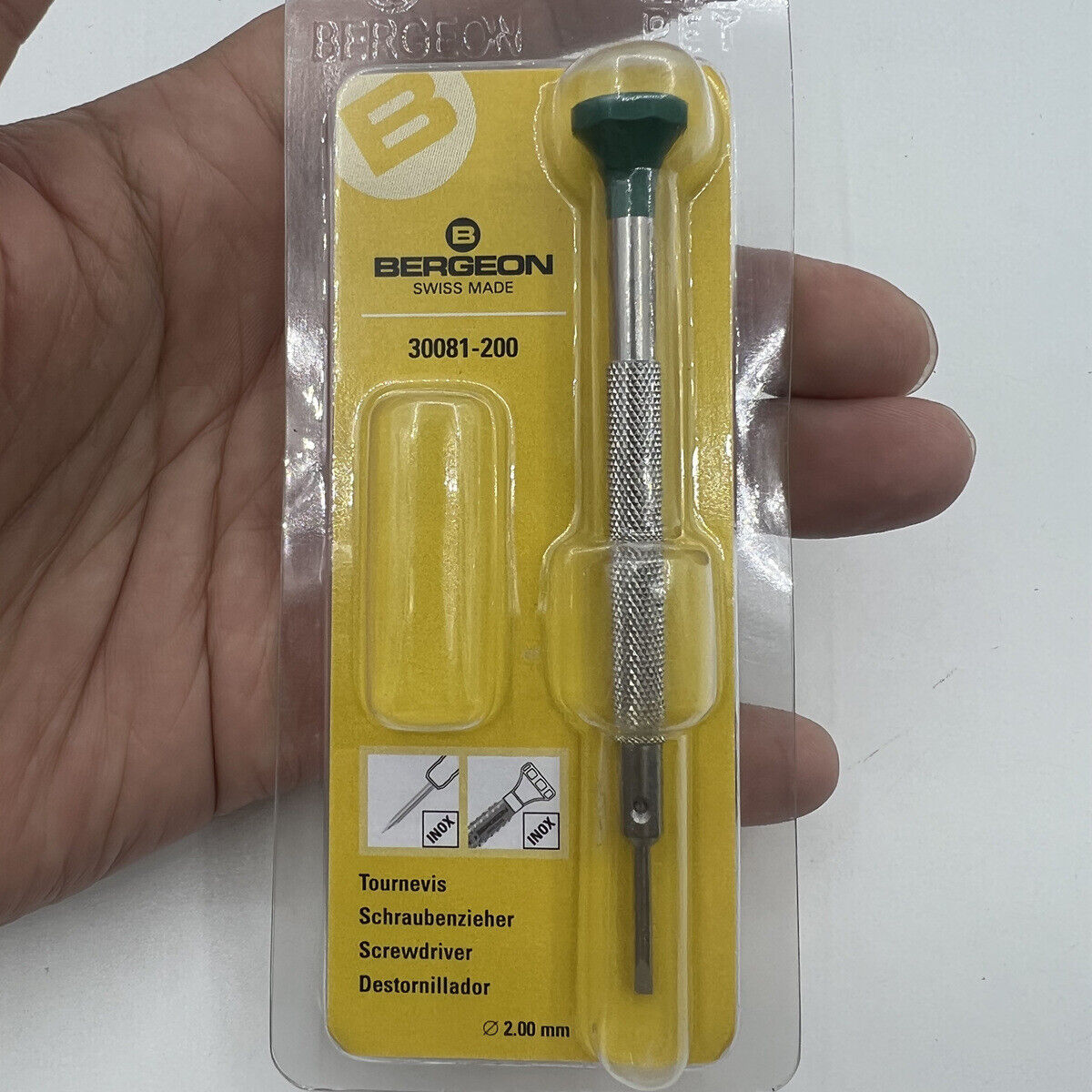 Bergeon 30081-200 ergonomic screwdriver �2.00 mm for precise watch accessory repairs.