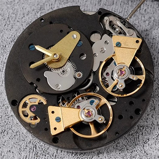 Schwarzes, in China hergestelltes, multifunktionales automatisches mechanisches Uhrwerk mit Doppelschwungrad