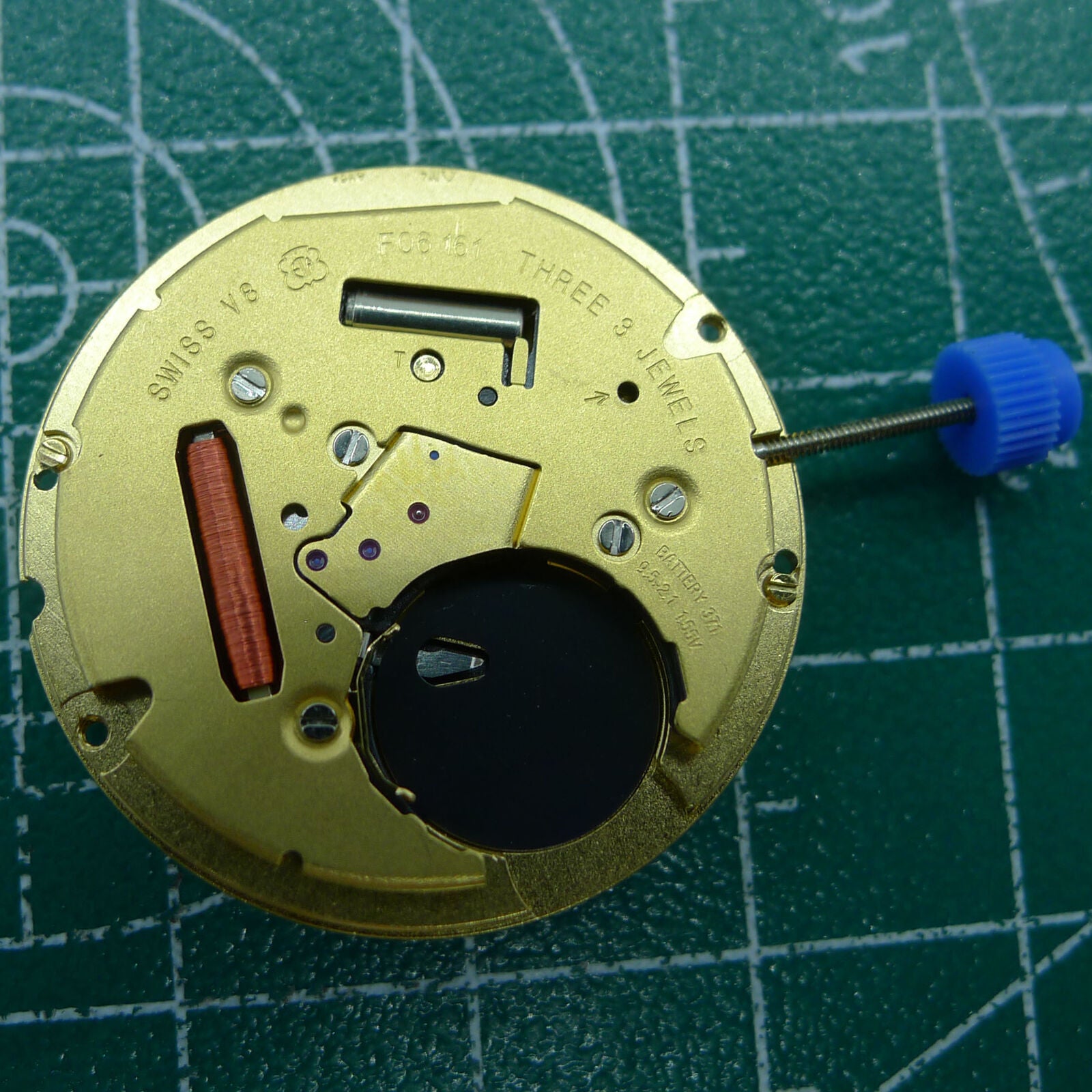 Swiss ETA F06.161 quartz watch movement with white dial, 3 hands, and date at 6, ideal for repair.