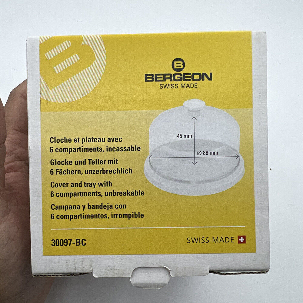 Bergeon 30097-BC dust cover with divided tray organizing watch parts and movements neatly