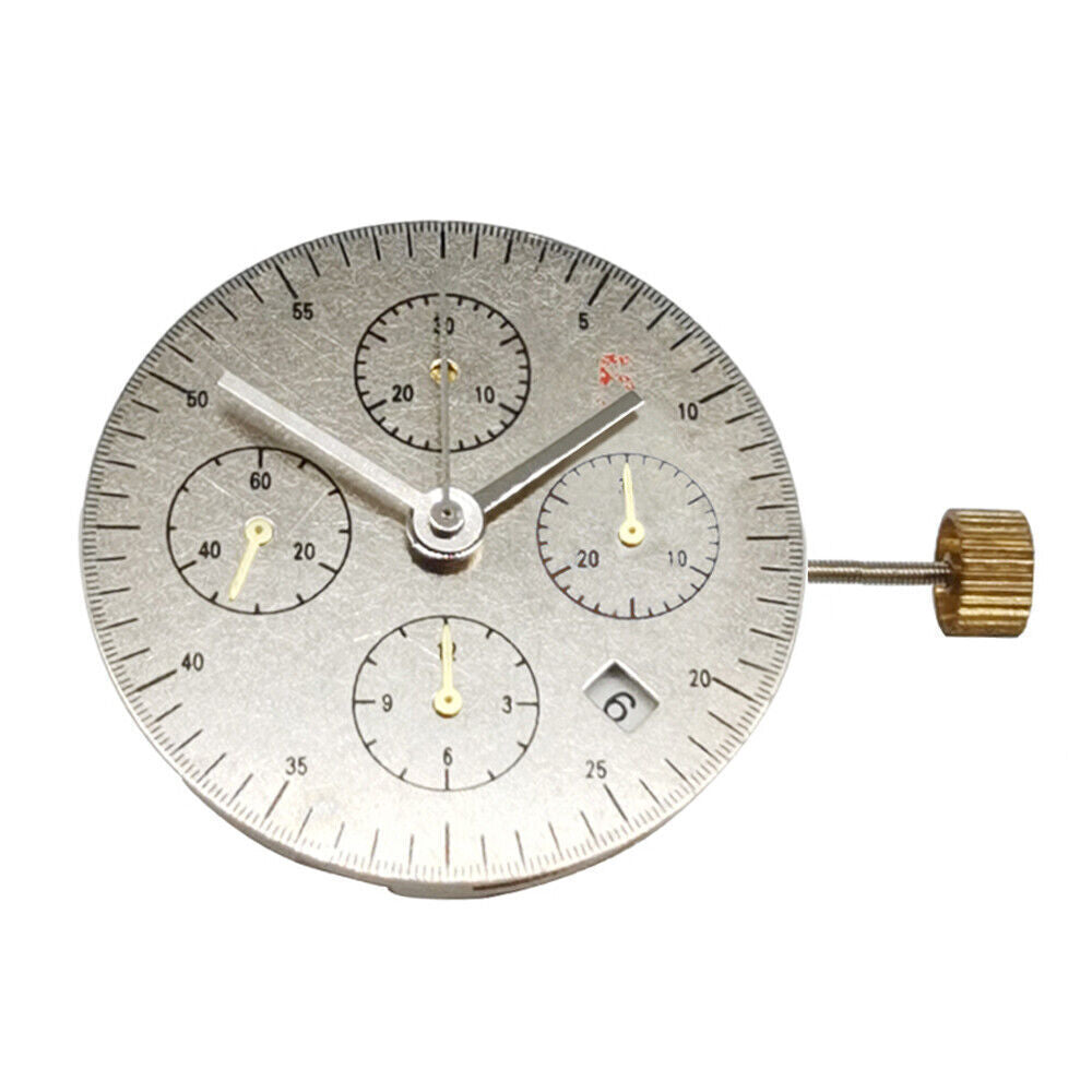 Asian 7750 chronograph watch movement with white dial, single calendar at 3 o'clock, and second subdial at 9 o'clock.