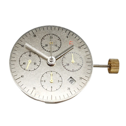 Asian 7750 chronograph watch movement with white dial, single calendar at 3 o'clock, and second subdial at 9 o'clock.