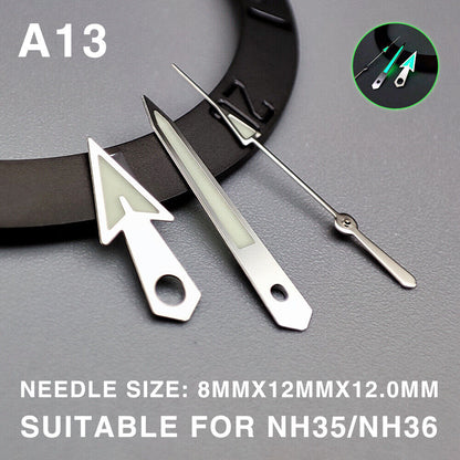 Uhrzeiger, grüne Leuchtmasse, Pfeilform, silberner Rand, 12 mm, für Miyota NH35/NH36/NH38