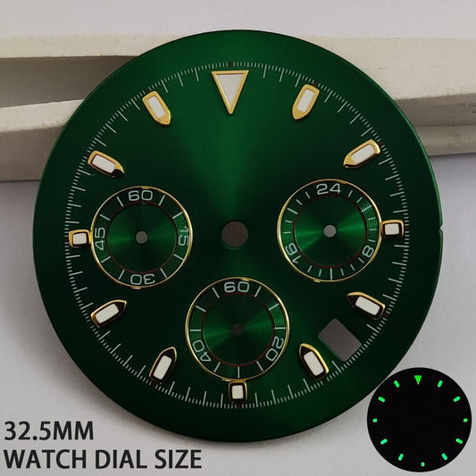 Green luminous matted watch dial with VK63 quartz movement compatibility, perfect for precise timekeeping.