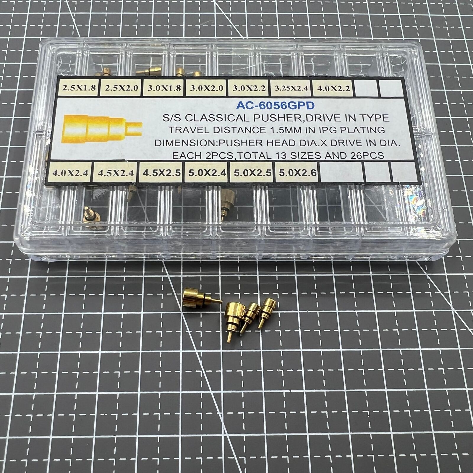 26pcs stainless steel golden watch pushers in 13 sizes, classical design for precise drive-in type adjustments.
