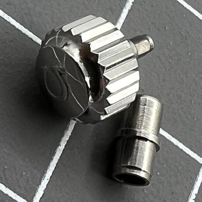 Polished 6.3mm silver watch crown with tube for OMEGA Seamaster 300, precision accessory.
