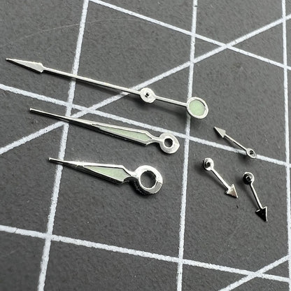 Aiguilles de montre pointues lumineuses vertes avec garniture argentée pour Miyota OS10 OS20 OS60 OS80