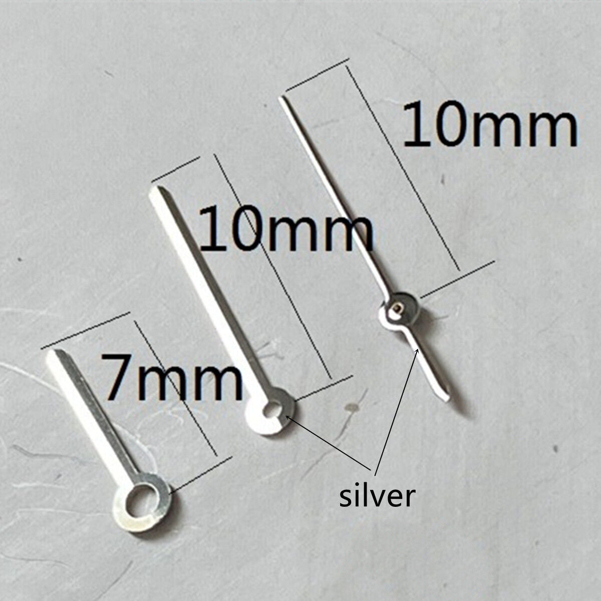 Set of 10mm silver trim watch hands for Miyota 2315/2305 movements, precise fit and sleek design