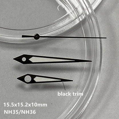Black trim green luminous watch hands for NH35 NH36 movement, enhancing visibility and style.