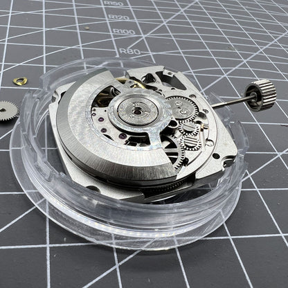 Tianjin Seagull ST25 square watch featuring silver skeleton dial and automatic mechanical movement for precise timekeeping.