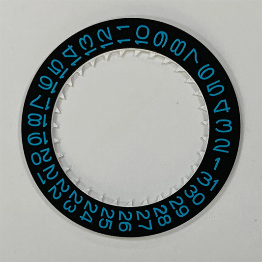 Black background close-up of Blue Character Disk Date Wheel for NH35 NH36 watch parts by Seiko.
