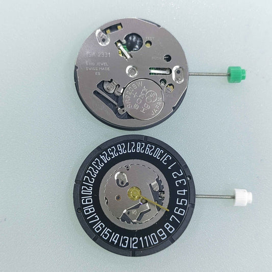 Watchmaker ISA 2331 black dial quartz watch movement with date at 6 for precise repairs