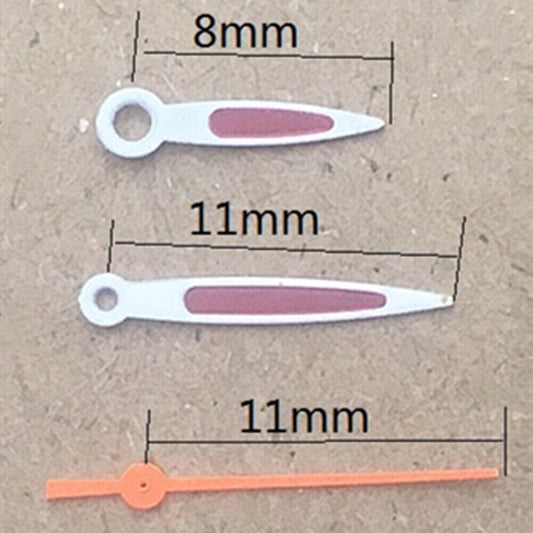 Purple painted watch hands for Miyota 2035 quartz movement, precise fit and vibrant color.