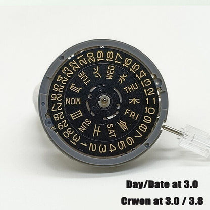 Seiko NH36 automatic watch crown at 3 o'clock with black dial and gold accents.