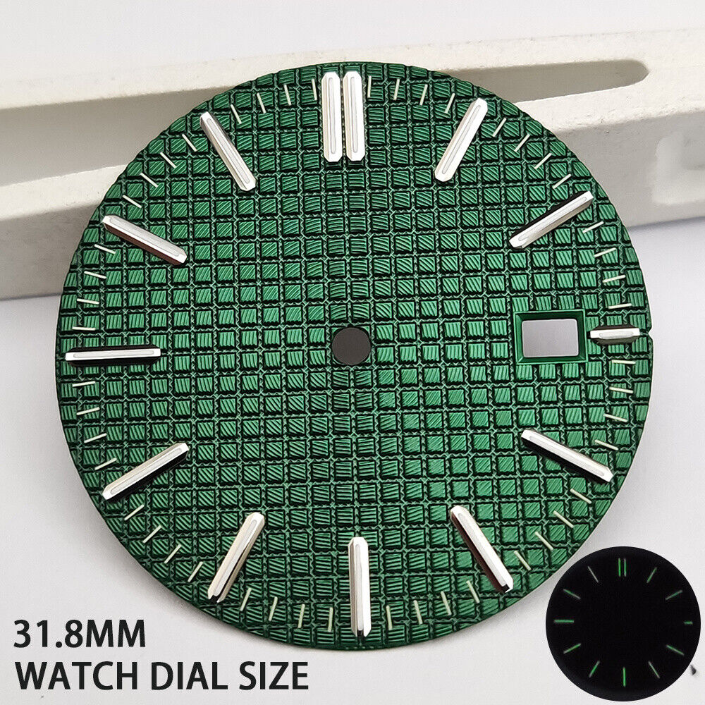 Green lume watch dial with silver trim and nail markers, featuring green check pattern for NH35 movement.