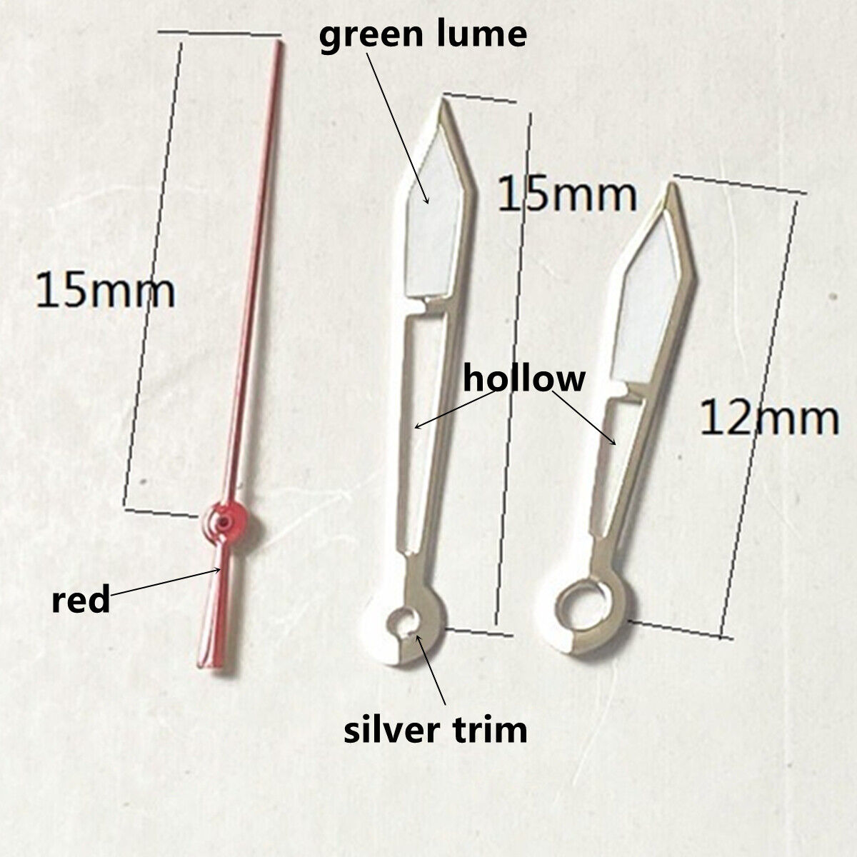 1. Silver trim hollow green lume watch hands set for Ronda 515 quartz movement.  