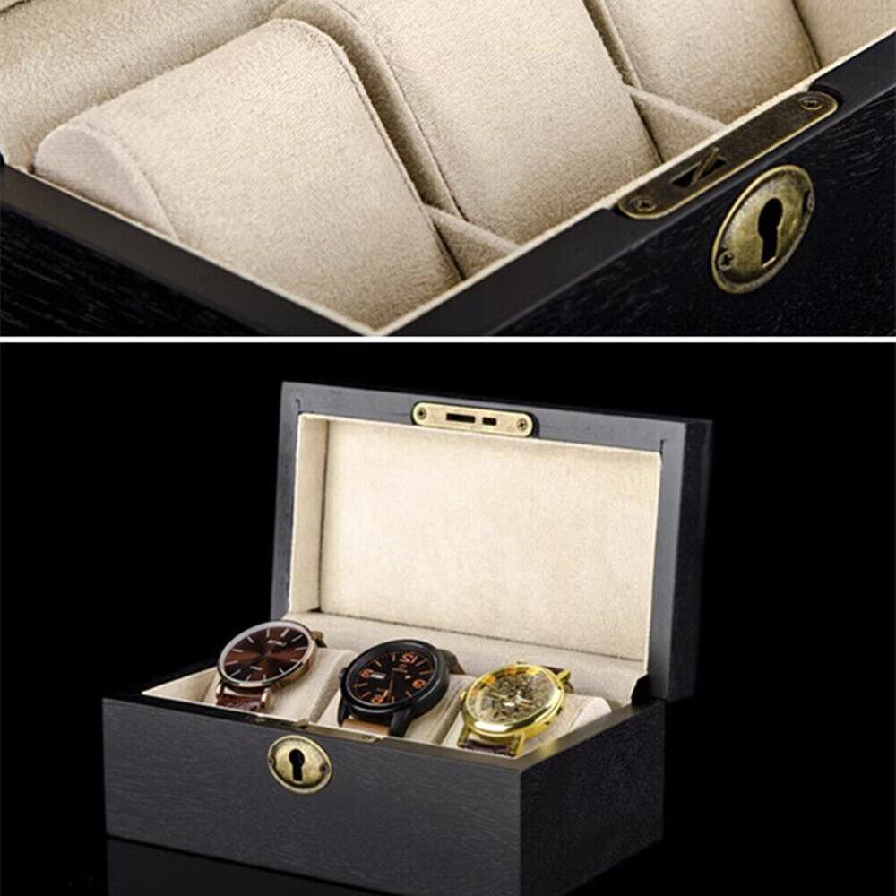 Black wooden watch box organizer with 3 slots, perfect for storing and displaying watches.