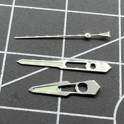 Silver-trimmed hollow green lume watch hands, 13mm for NH35 NH36 movements, improving readability and style.