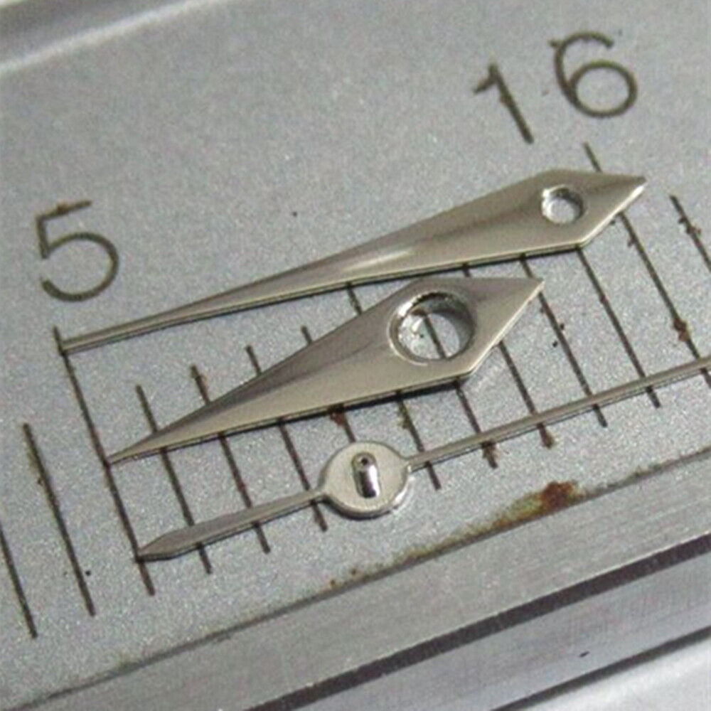9mm silver arrow-shaped watch hands set compatible with Miyota 2035, 2115, 2105, 2305, 2315 movements.
