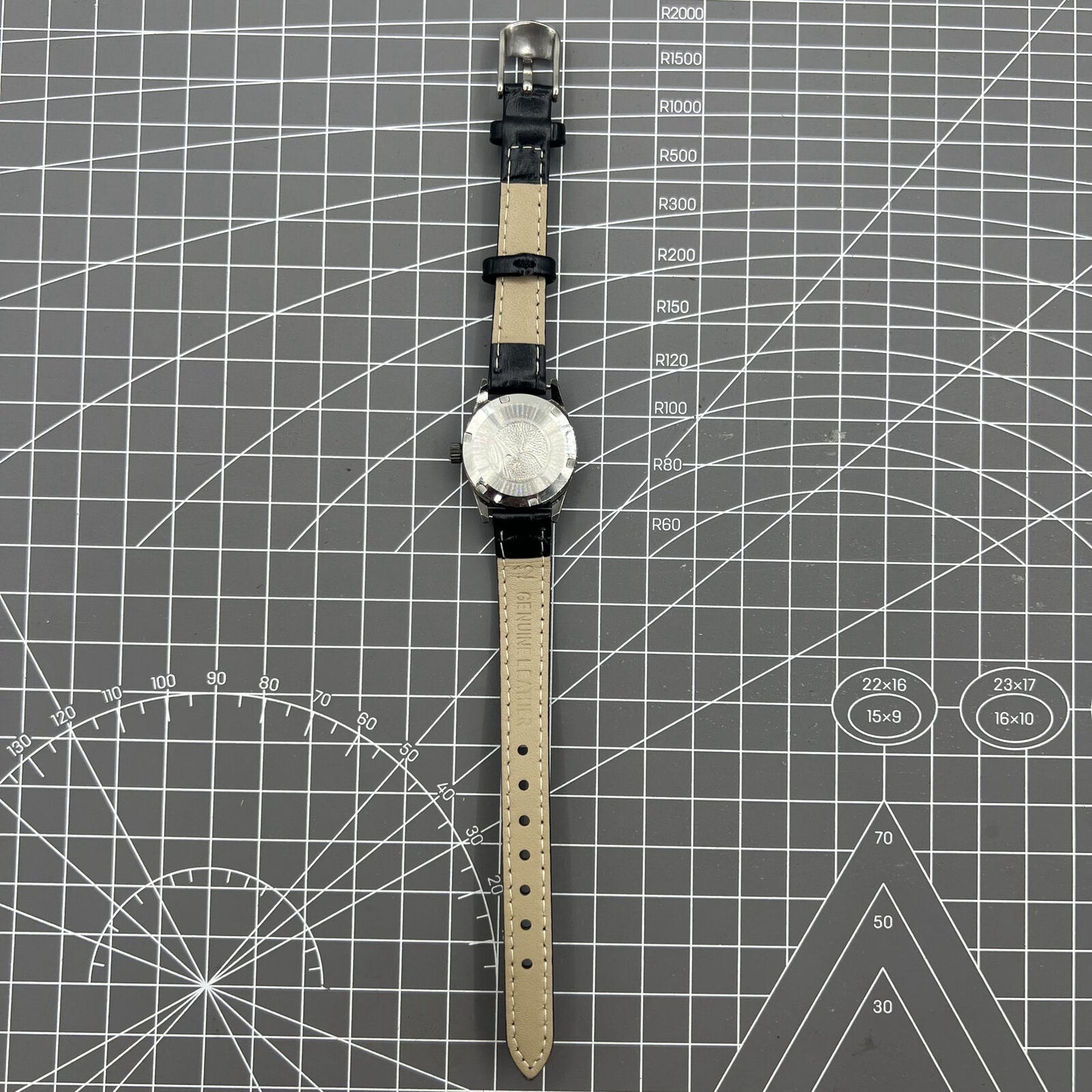 Black Seagull ladies watch case featuring golden nail markers, manual mechanical movement, and shock-resistant build.